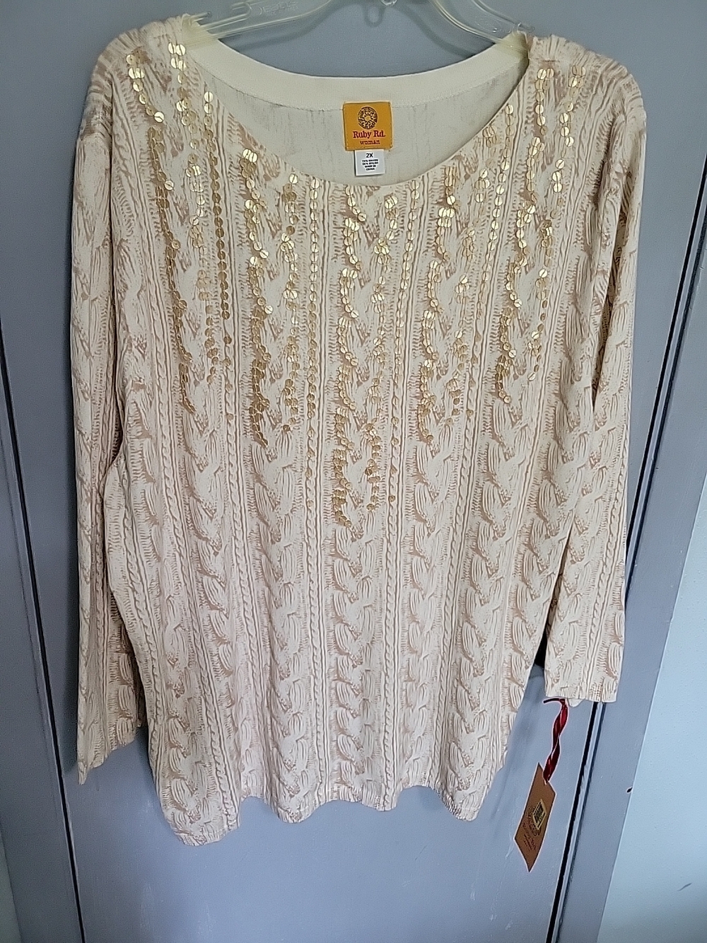 Ruby Rd. Cream Sequin Cable-Knit Women's Sweater Sz 2xl Nwt